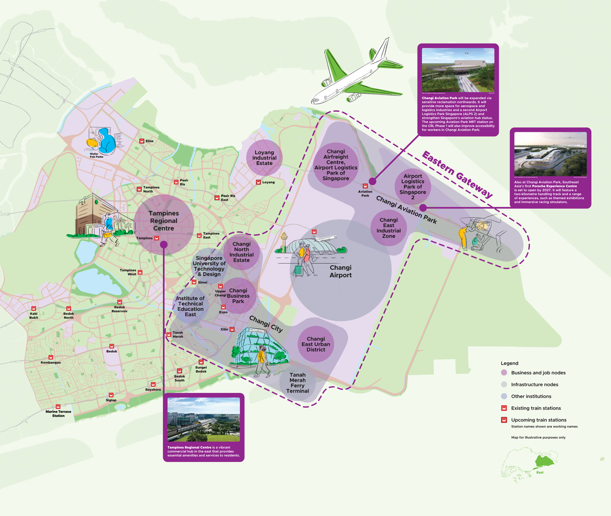 Map of eastern Singapore highlighting business nodes, infrastructure, train stations, and Changi Airport expansion.
